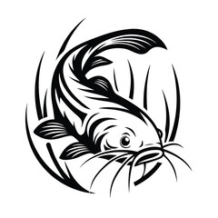 Tribal Black & White Catfish Swimming Silhouette With Elegant Circular Flow Design