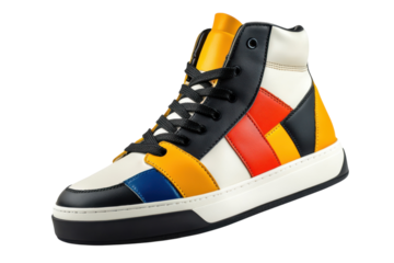 Stylish multicolor leather high top sneakers bold geometric design off white base black yellow red