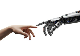 Human and robot hands touching, AI concept