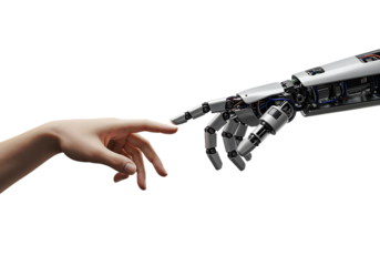 Human and robot hands touching, AI concept