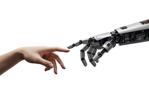 Human and robot hands touching, AI concept