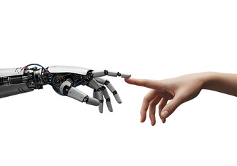 Human and robot hand touching, AI concept