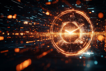 Floating digital clock countdown in vibrant abstract environment with glowing data visuals