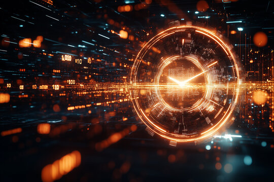 Floating digital clock countdown in vibrant abstract environment with glowing data visuals