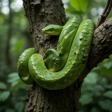snake on tree green tree python boiga cyanea dangerous snake