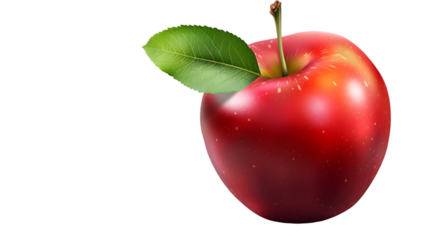 A single red apple with a green leaf attached to the stem on a  transparent background is featured here 