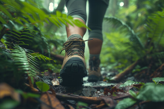 hikers feet gracefully tread upon lush forest trail, embracing beauty of nature as they explore great outdoors    