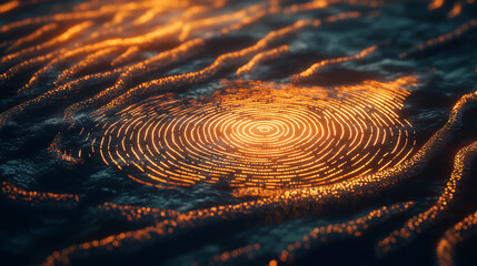 Massive floating digital fingerprint scanning a dynamic surface illuminated by changing patterns in a futuristic environment