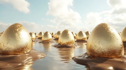 Golden eggs on liquid chocolate