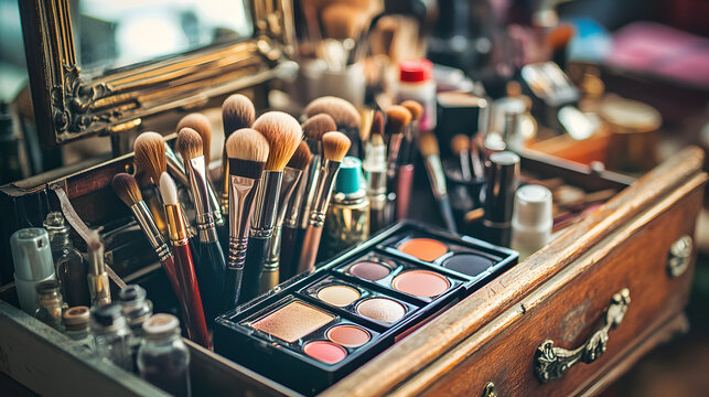 Close-Up of Makeup Brushes and Cosmetics on Wooden Vanity