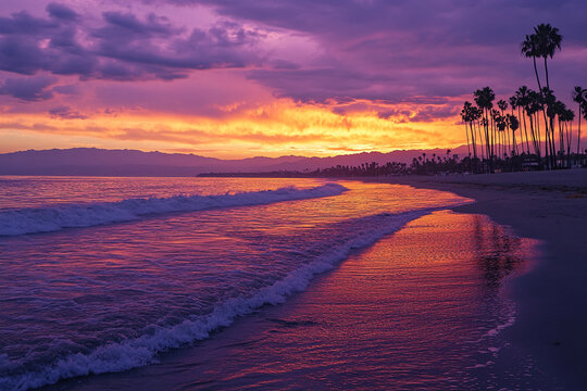 Purple and orange sunset over ocean beach, palm trees silhouette, mountains in background, tranquil scene, evokes peace, serenity, and calmness - Powered by Adobe