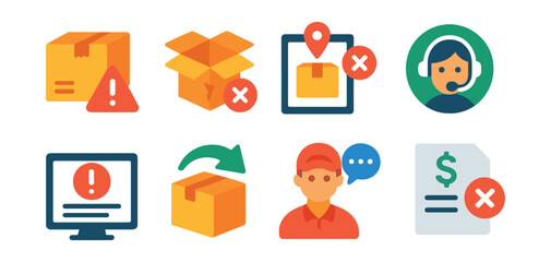 Flat vector icons of delivery disputes and support: missing package alert, damaged item claim, wrong delivery report, help center icon, support ticket form, redelivery request icon, chat with courier