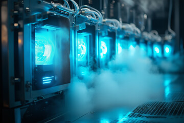 Transparent servers glow with vibrant neon blue lights in a high tech data center at night