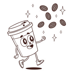 Whimsical Coffee Cup Character Running with Coffee Beans and Stars on White Background