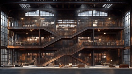 Fototapeta premium Industrial-style building interior, stairs, metal, and ambient lighting