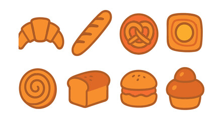 Flat vector icons of baked goods: croissant icon, baguette loaf, soft pretzel badge, Danish pastry, sweet roll swirl, loaf of bread, scone with jam, brioche bun.