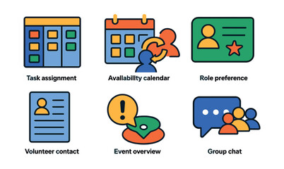 Flat vector icons of volunteer coordination: task assignment board, availability calendar, shift swap icon, role preference card, volunteer contact list, message reminder bubble, event overview icon,