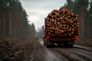 Logging truck hauling timber on a muddy road through the forest, back view. Timber industry activity and deforestation. Sustainable forestry concept.