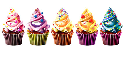 A row of five colorful cupcakes with different colored frosting and sprinkles on a  transparent background 