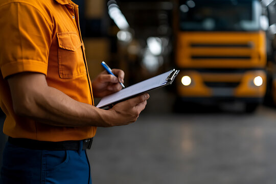 Truck inspection underway with checklist, ensuring roadworthiness and safety. Vehicle maintenance is critical for logistics and transport.
