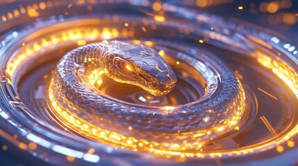 Intricate digital rendering of a snake coiled within a glowing circular structure.