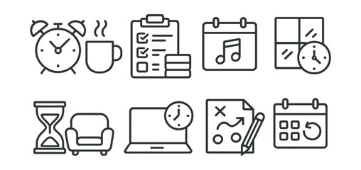 Line style icons of work habits: morning routine, task batching, theme day, review window, break strategy, consistent hours, planning zone, weekly reset.