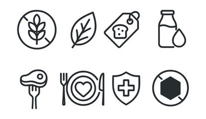 Line style icons of special diets: gluten-free icon, plant-based leaf, low-carb tag, dairy-free bottle, high-protein fork, heart-friendly plate, anti-inflammatory, sugar-free sign.