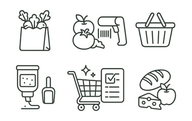 Line style icons of grocery shopping: veggie bag, fresh produce, label scanner, store basket, bulk refill, clean cart, shopping list, whole food.