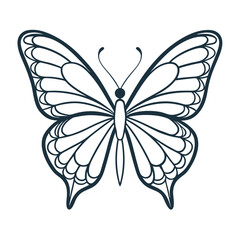 Simple Dark Navy Butterfly Outline Design, Insect with Open Wings, Isolated 88