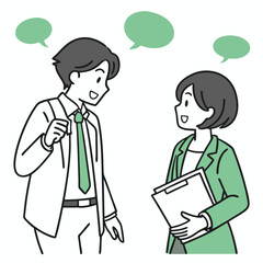 Asian Man and Woman in Suits Conversation with Speech Bubbles, Line Art Style