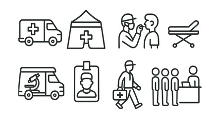 Line style icons of mobile clinics: health van, setup tent, field test, portable bed, mobile lab, staff ID, daily rounds, registration line.