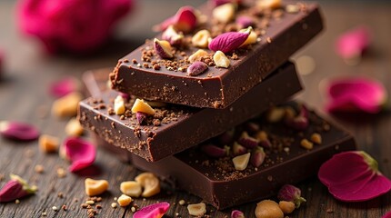 A serving of rich chocolate bark, topped with dried fruit..AI generative