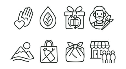 Line style icons of sustainable souvenirs: handmade icon, natural material sign, upcycled gift, local artisan badge, experience memory icon, no-plastic souvenir, reusable gift wrap, community shop.