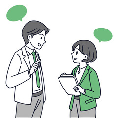 Asian Man Explaining to Woman with Clipboard, Conversation with Speech Bubbles, Outline