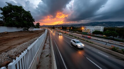 Urban Highway at Sunset with Moving Vehicles, Construction Fence, and Dramatic Sky