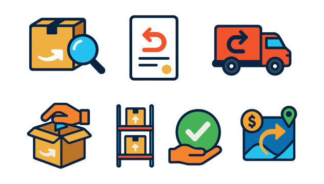 Flat vector icons of reverse logistics and returns: item inspection icon, return authorization slip, return pickup truck, repackaging icon, restocking shelf, item condition check, refund processing