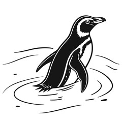 Monochrome Penguin Standing in Water, Aquatic Bird, Antarctic Wildlife, Black and White