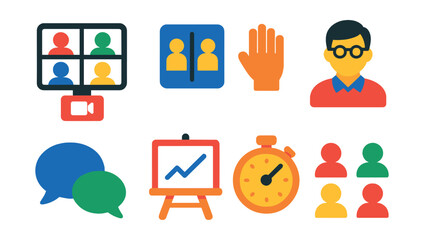 Flat vector icons of virtual classroom features: group video call, breakout room icon, raise hand button, teacher avatar, class chat bubble, shared whiteboard icon, lesson timer, student participant
