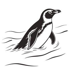 Humboldt Penguin Wading Through Water, Black and White Minimalist Design, Aquatic Bird