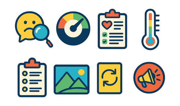 Flat vector icons of emotional regulation techniques: identify emotion icon, self-regulation dial, calm-down plan, emotion thermometer, coping strategy list, grounding visual tool, thought reframe