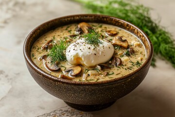 Creamy mushroom soup with a poached egg and fresh dill, served in a rustic bowl.