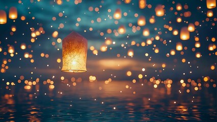 Hundreds of glowing lanterns illuminate the night sky over a shimmering water reflection. The warm light from the lanterns creates a magical and ethereal atmosphere 