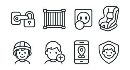 Line style icons of kids safety: child lock, safety gate, outlet cover, car seat, baby helmet, emergency contact, child tracker, safe zone icon.