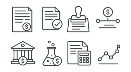 Line style icons of scientific funding: grant paper, proposal icon, approval stamp, fund timeline, institution support, lab cost, budget plan, progress milestone.