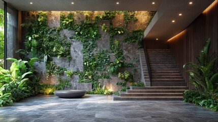Modern hotel lobby interior design featuring a lush vertical garden and staircase