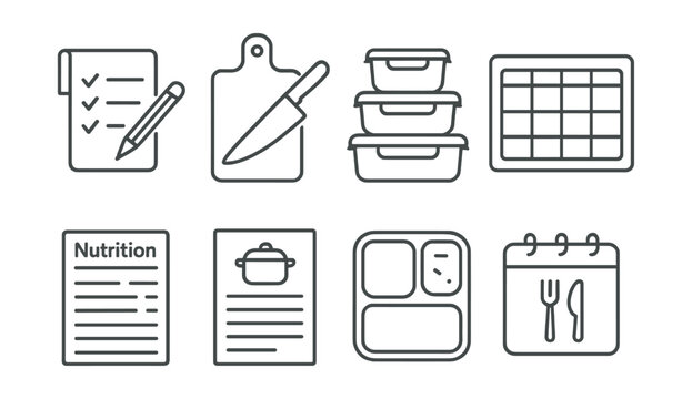 Line style icons of meal planning: shopping list, prep day, labeled containers, weekly board, nutrition label, recipe printout, portion box, meal schedule.