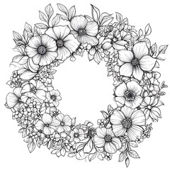 Elegant floral wreath line art illustration perfect for printable coloring pages, adult crafts, and home decor projects