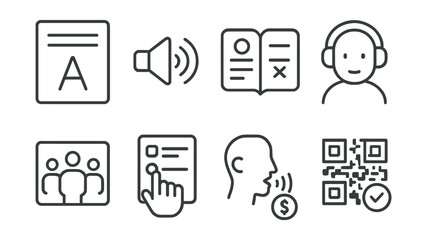 Line style icons of accessibility in giving: large print form, audio info, easy-read icon, assistive contact, inclusive layout, guided form, donation via voice, accessible QR.