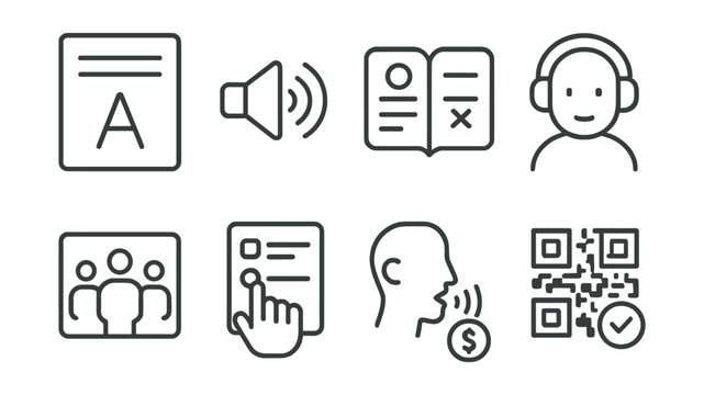 Line style icons of accessibility in giving: large print form, audio info, easy-read icon, assistive contact, inclusive layout, guided form, donation via voice, accessible QR.