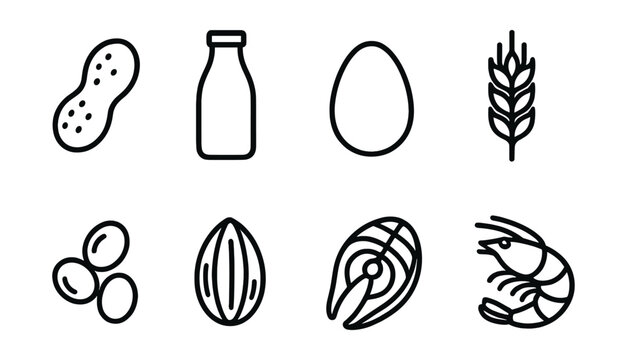Line style icons of common allergens: peanut icon, milk bottle, egg symbol, wheat stalk, soybeans, tree nuts, fish fillet, shellfish icon.